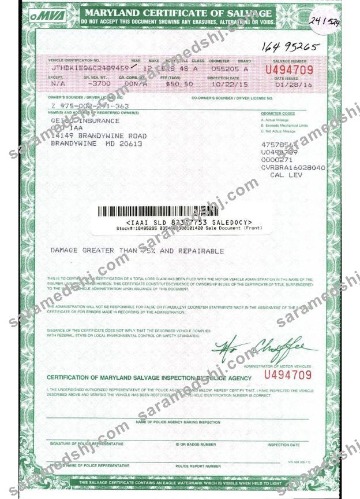 USA Maryland certificate of salvage